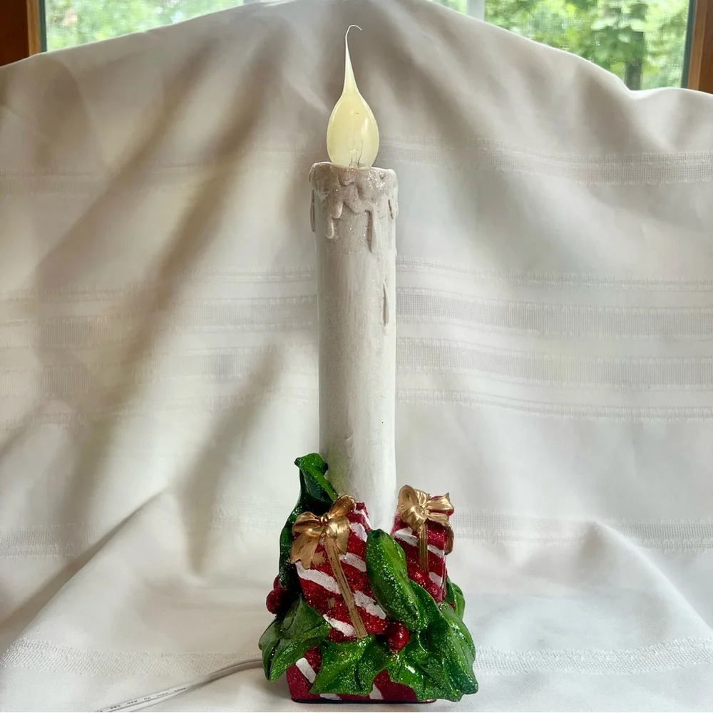Vintage LED Candle‎ Lamp Corded Electric Glittery Holly Berries Gift Boxes